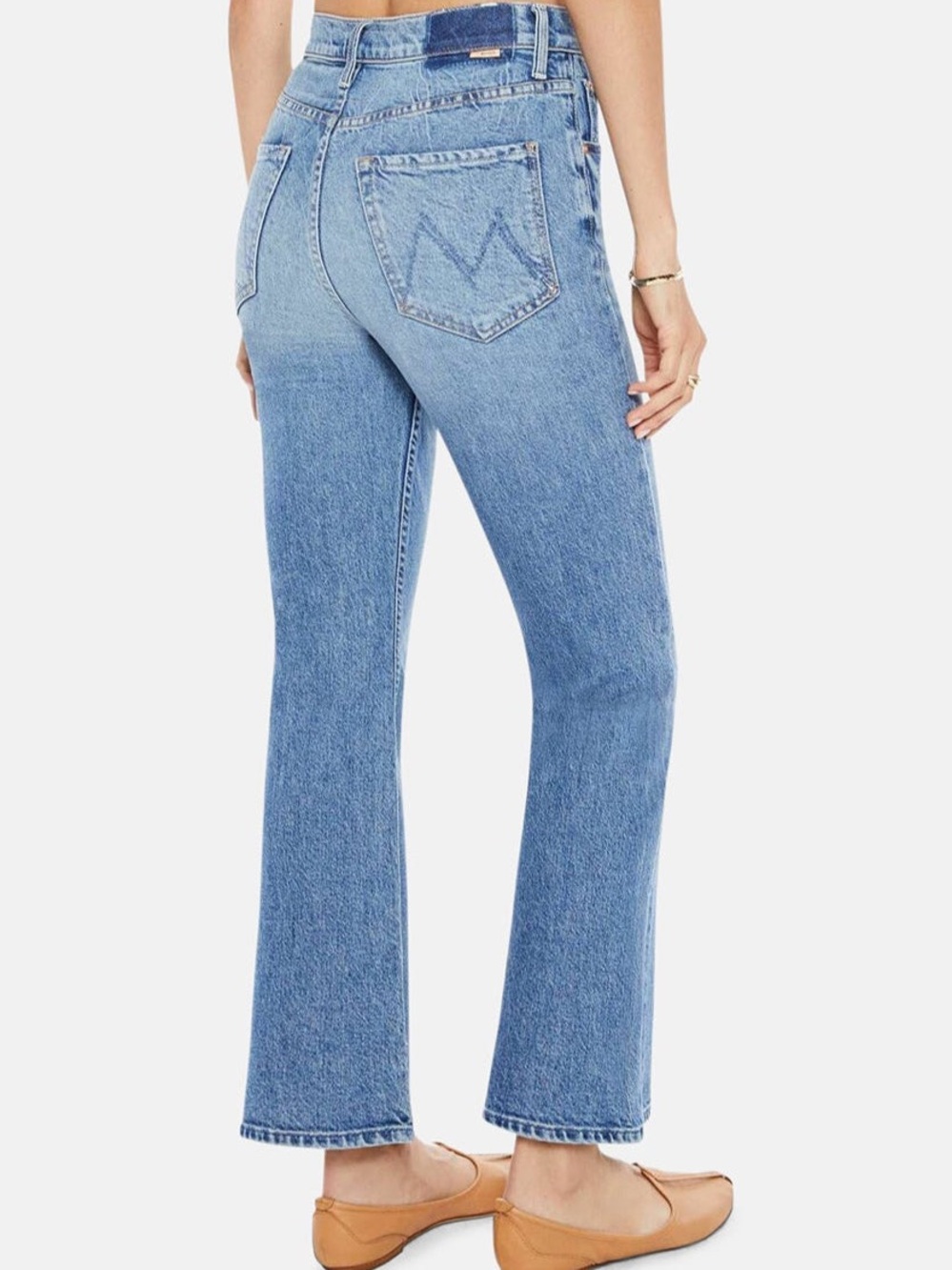 MOTHER SUPERIOR The Scooter Ankle Blue Jeans I’m a Winner Light Wash Flare Denim